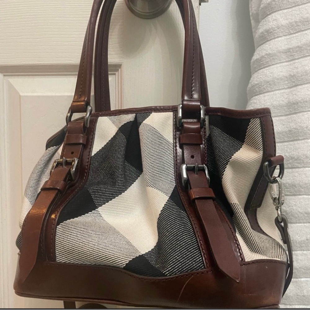 Burberry Black and Cream Check Shoulder Bag with Brown Leather Trim